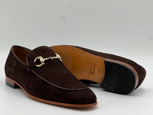 Kahverengi Süet Kroko Baskı Kıemızı Kösele Taban Erkek Ayakkabı