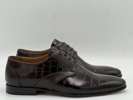 Kroko Baskı Hakiki Deri Kahverengi Kösele Ayakkabı
