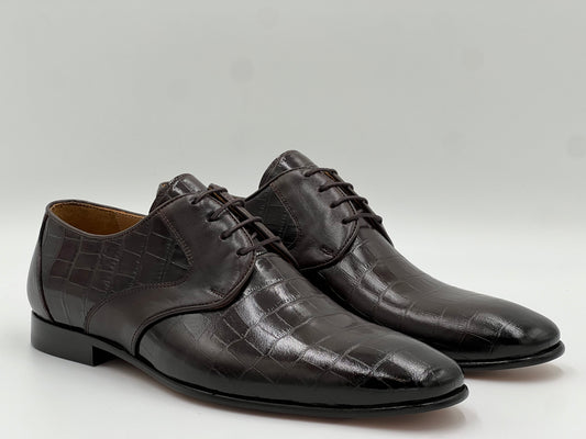 Kroko Baskı Hakiki Deri Kahverengi Kösele Ayakkabı