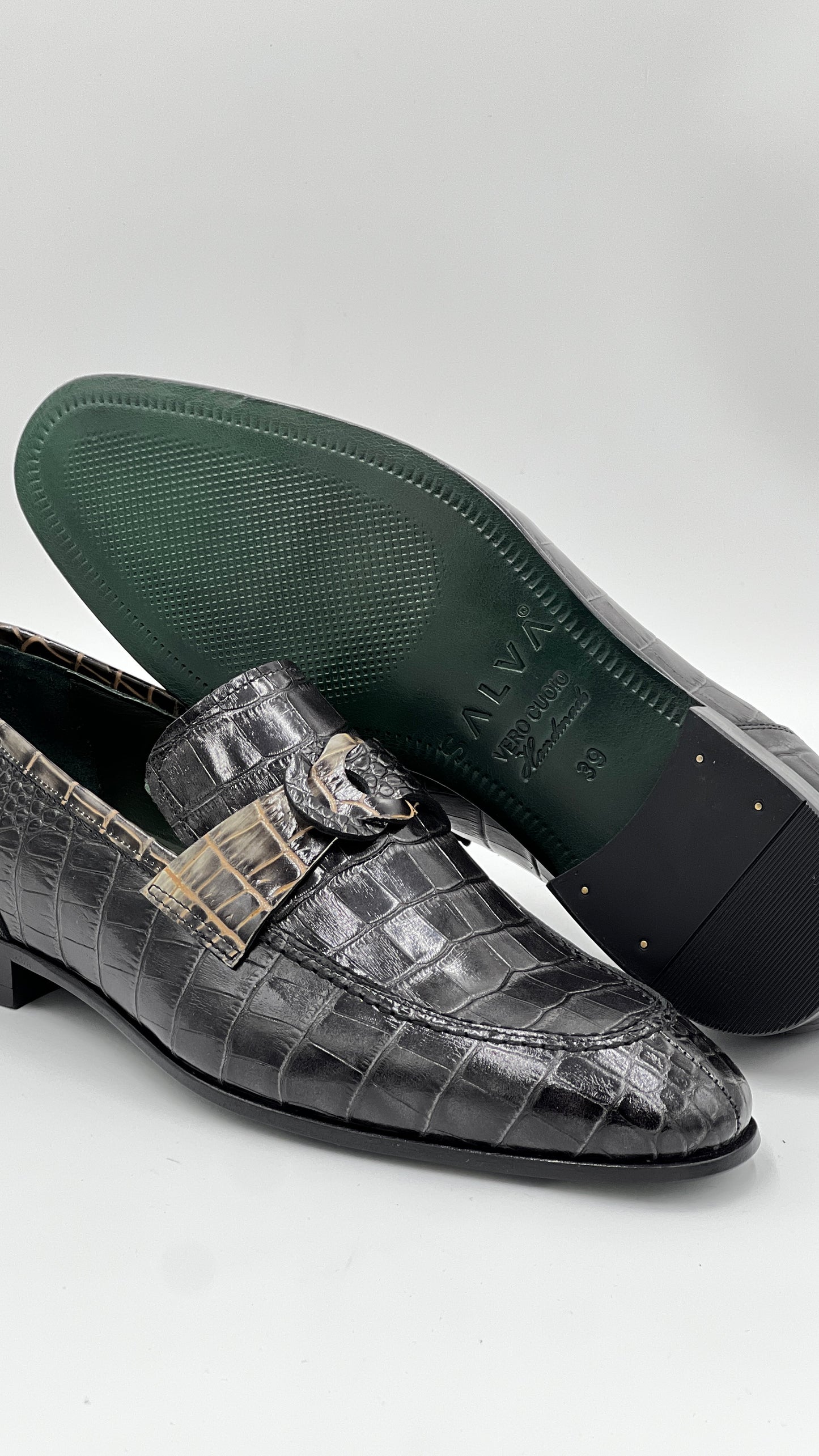 Siyah Kroko Baskı Yeşil Kösele Taban Erkek Loafer Ayakkabı