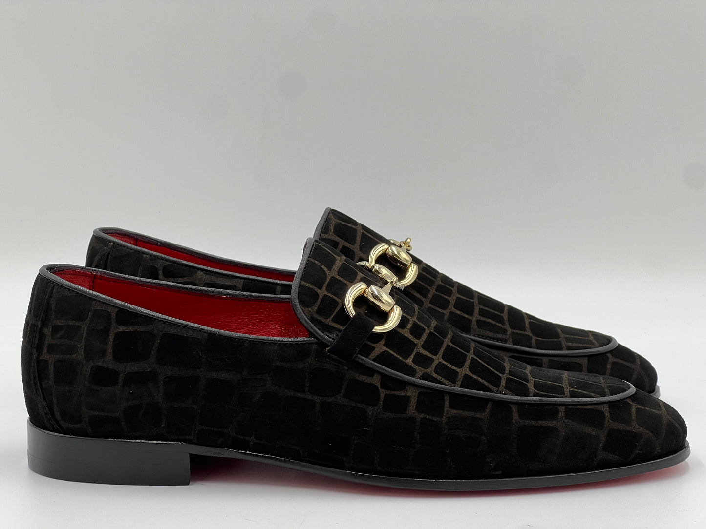 Siyah Süet Kroko Baskı Kıemızı Kösele Taban Erkek Ayakkabı