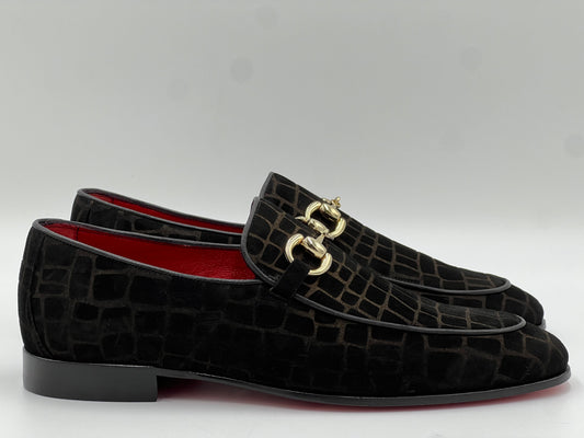 Siyah Süet Kroko Baskı Kıemızı Kösele Taban Erkek Ayakkabı