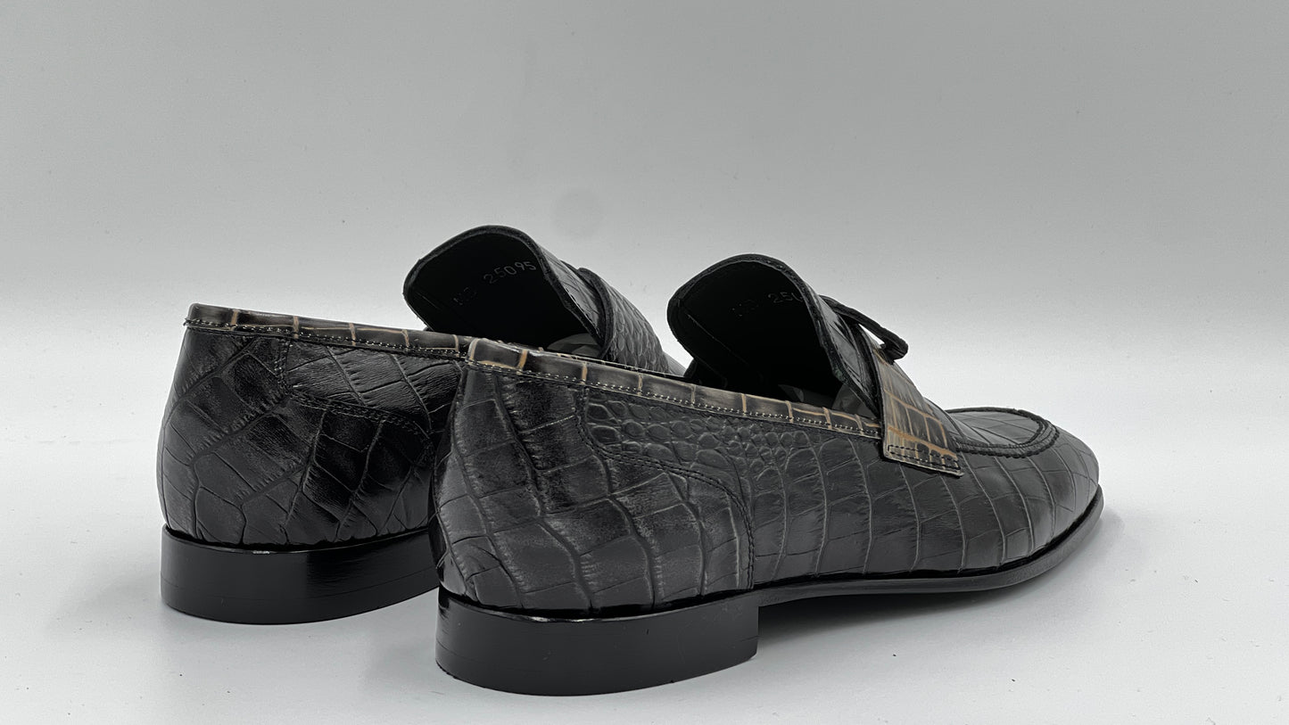Siyah Kroko Baskı Yeşil Kösele Taban Erkek Loafer Ayakkabı