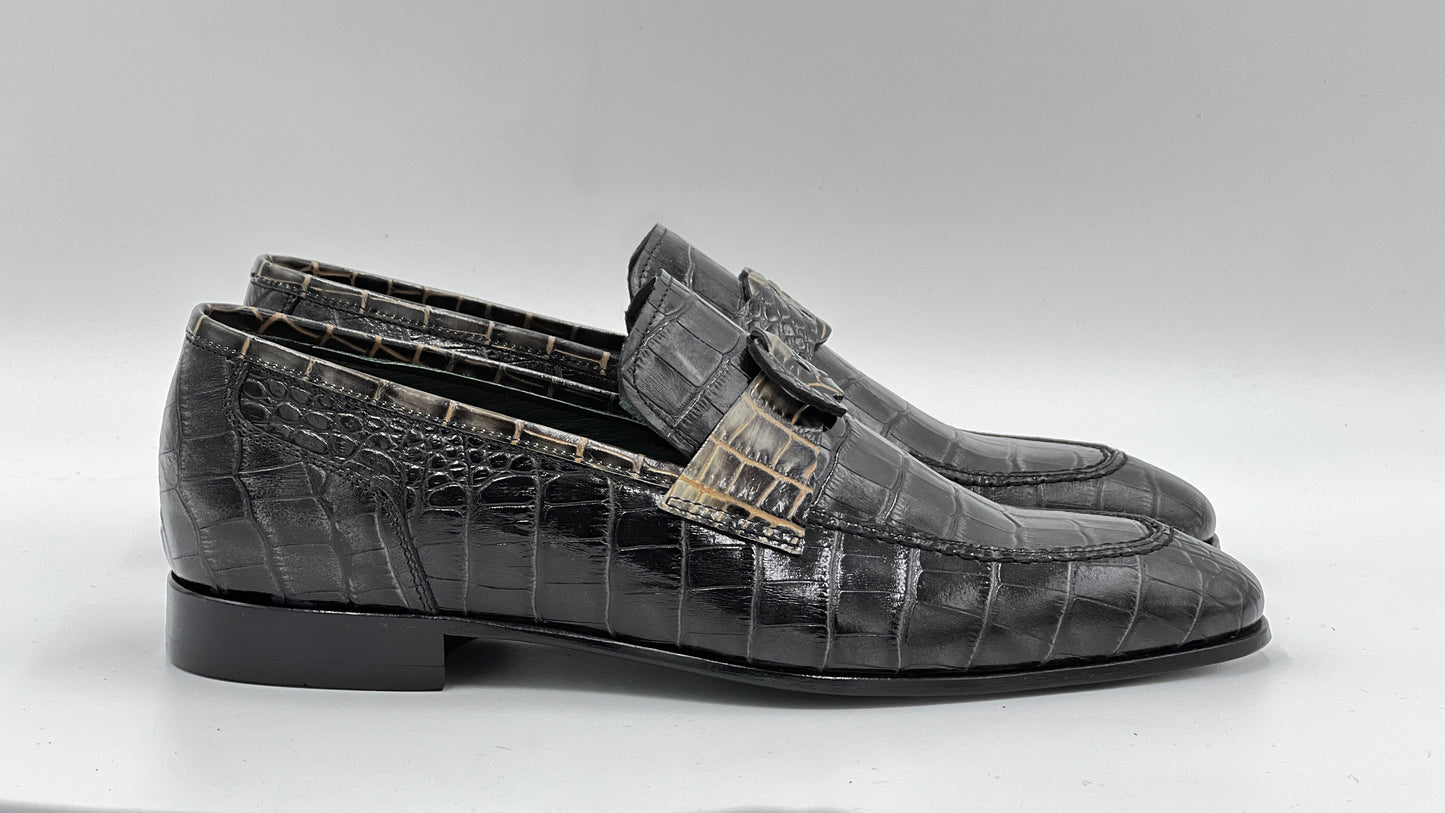 Siyah Kroko Baskı Yeşil Kösele Taban Erkek Loafer Ayakkabı