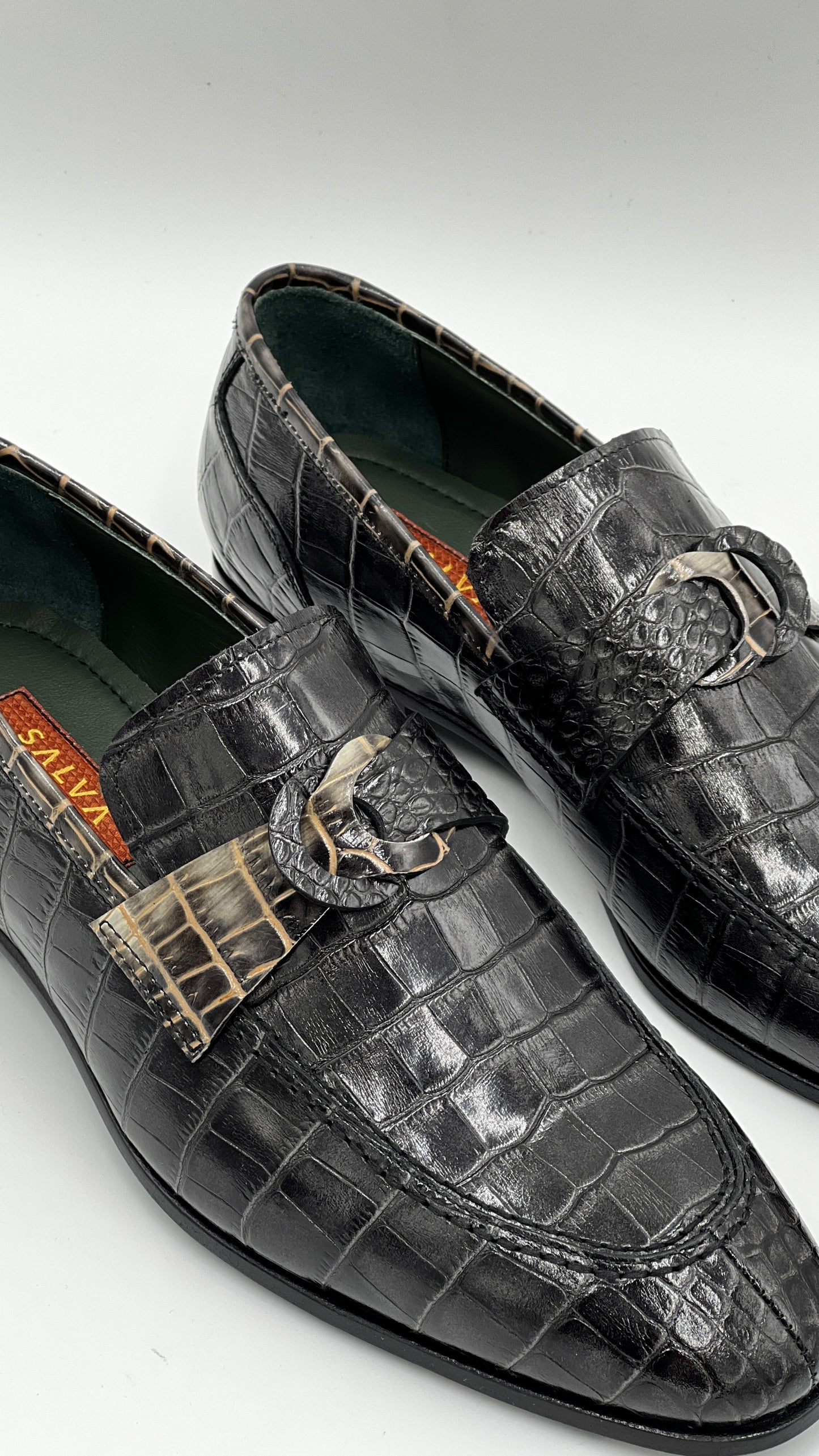 Siyah Kroko Baskı Yeşil Kösele Taban Erkek Loafer Ayakkabı