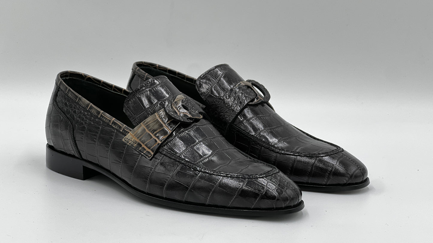 Siyah Kroko Baskı Yeşil Kösele Taban Erkek Loafer Ayakkabı